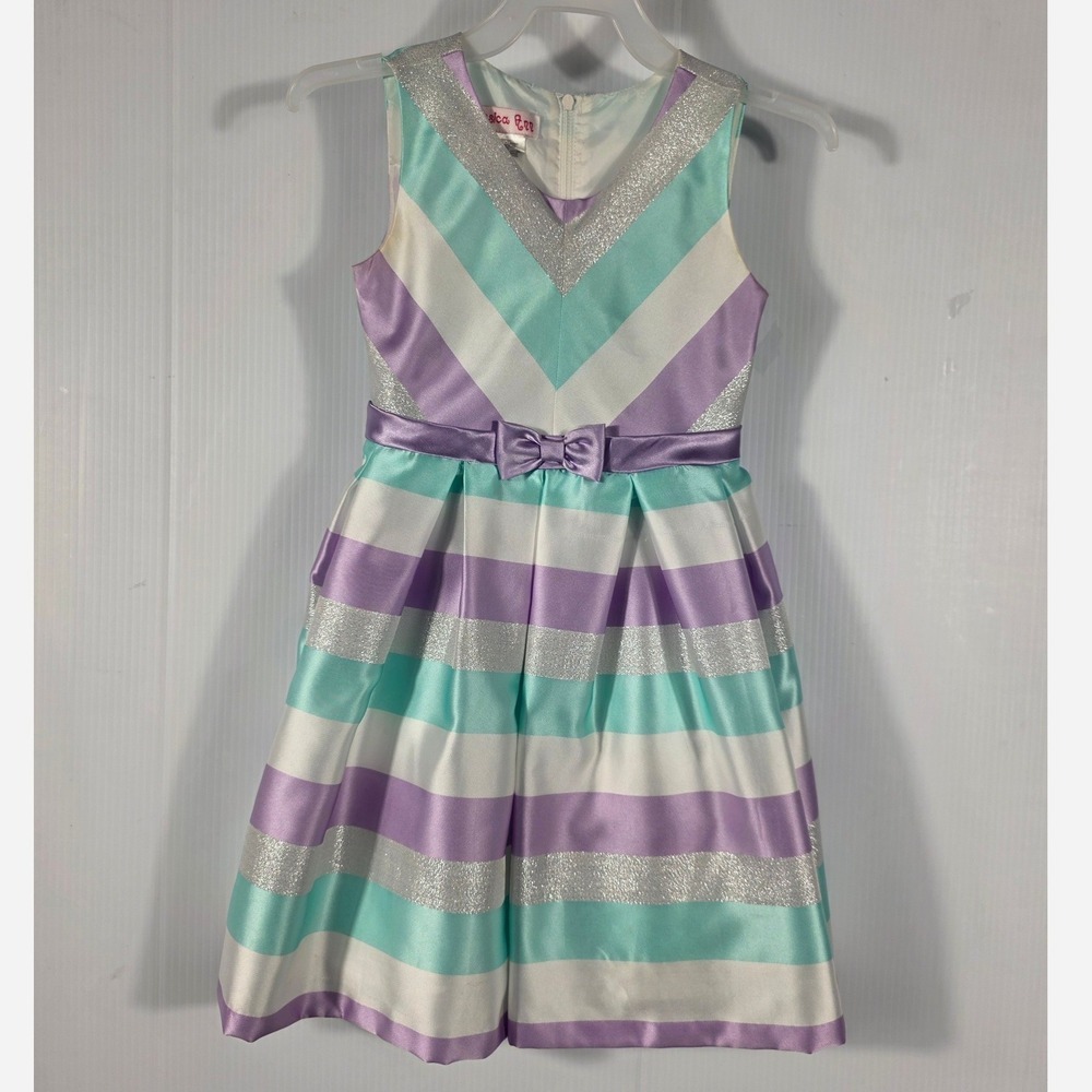 Jessica Ann Girls Size 5 Striped Metallic Party Dress Purple Teal Silver Bow